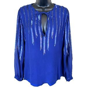 Frederika May Royal Blue Sequined Silk Long Sleeve Blouse